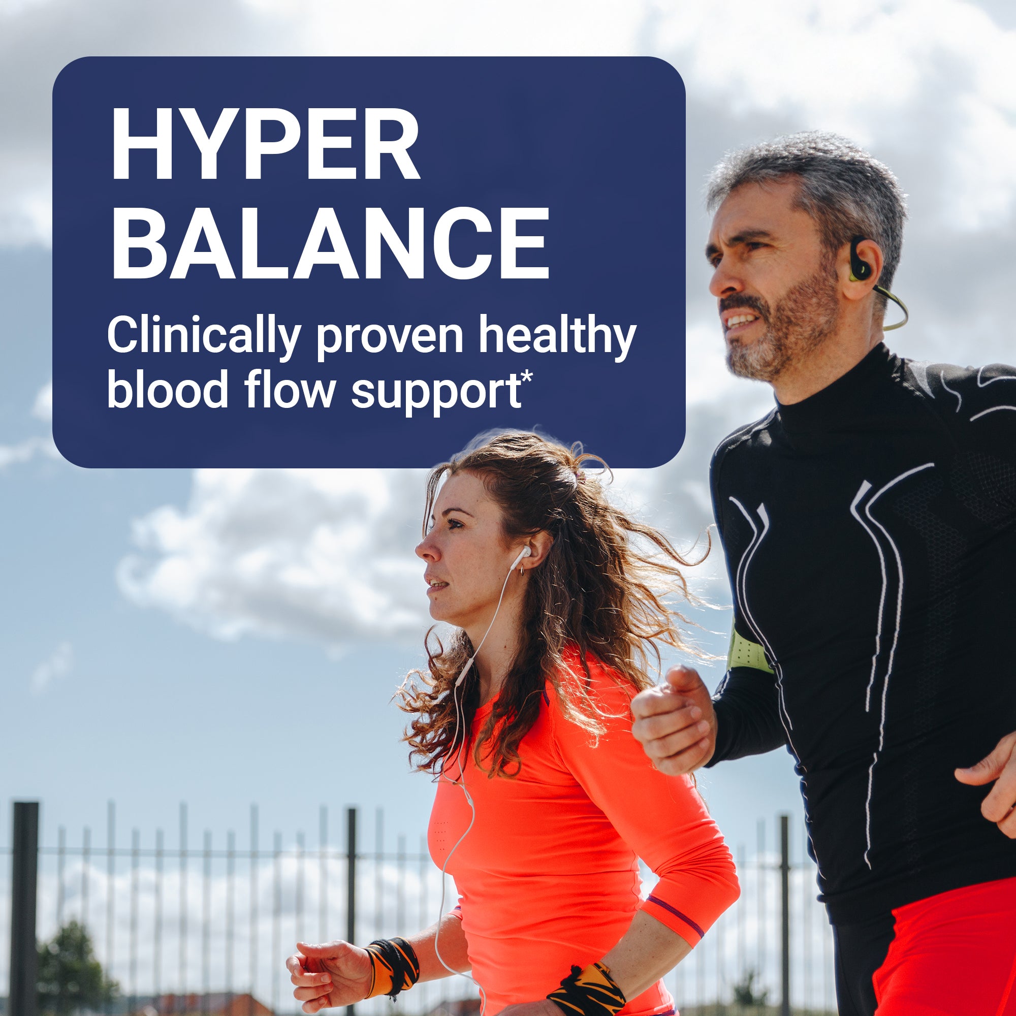 Two people running outdoors with 'Hyper Balance' supplement label