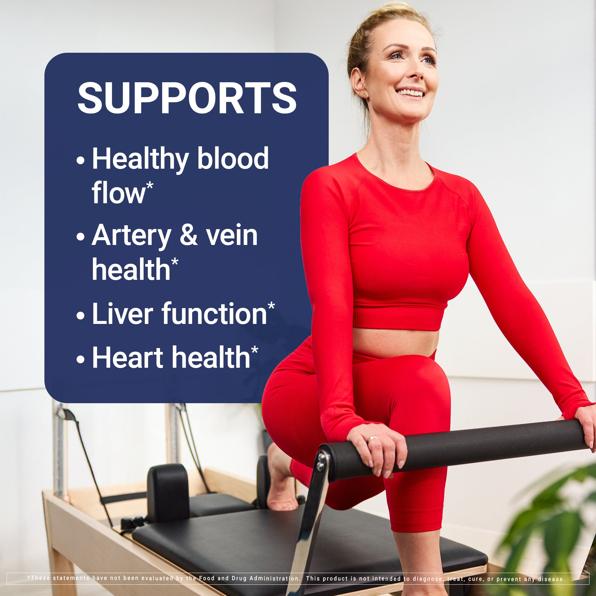 Woman in red exercise outfit using Pilates reformer with health benefits listed on a blue panel.