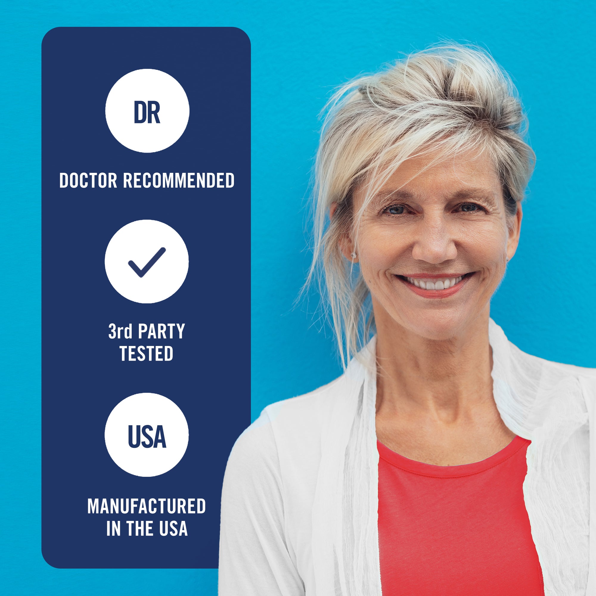 Woman with a blue background and text indicating 'Doctor Recommended', '3rd Party Tested', and 'USA Manufactured'.