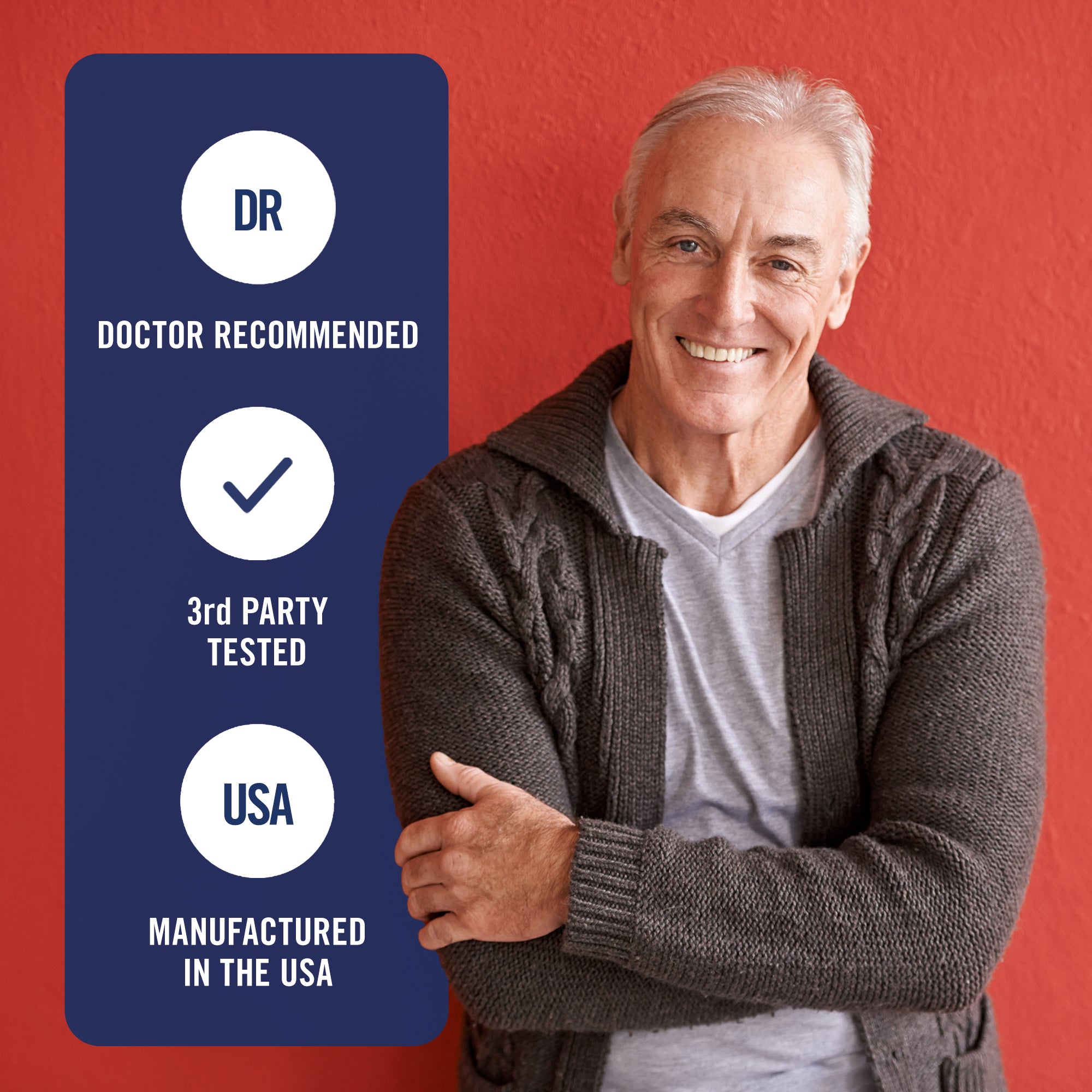 Man smiling with 'Doctor Recommended', '3rd Party Tested', and 'USA Manufactured' labels on a red background