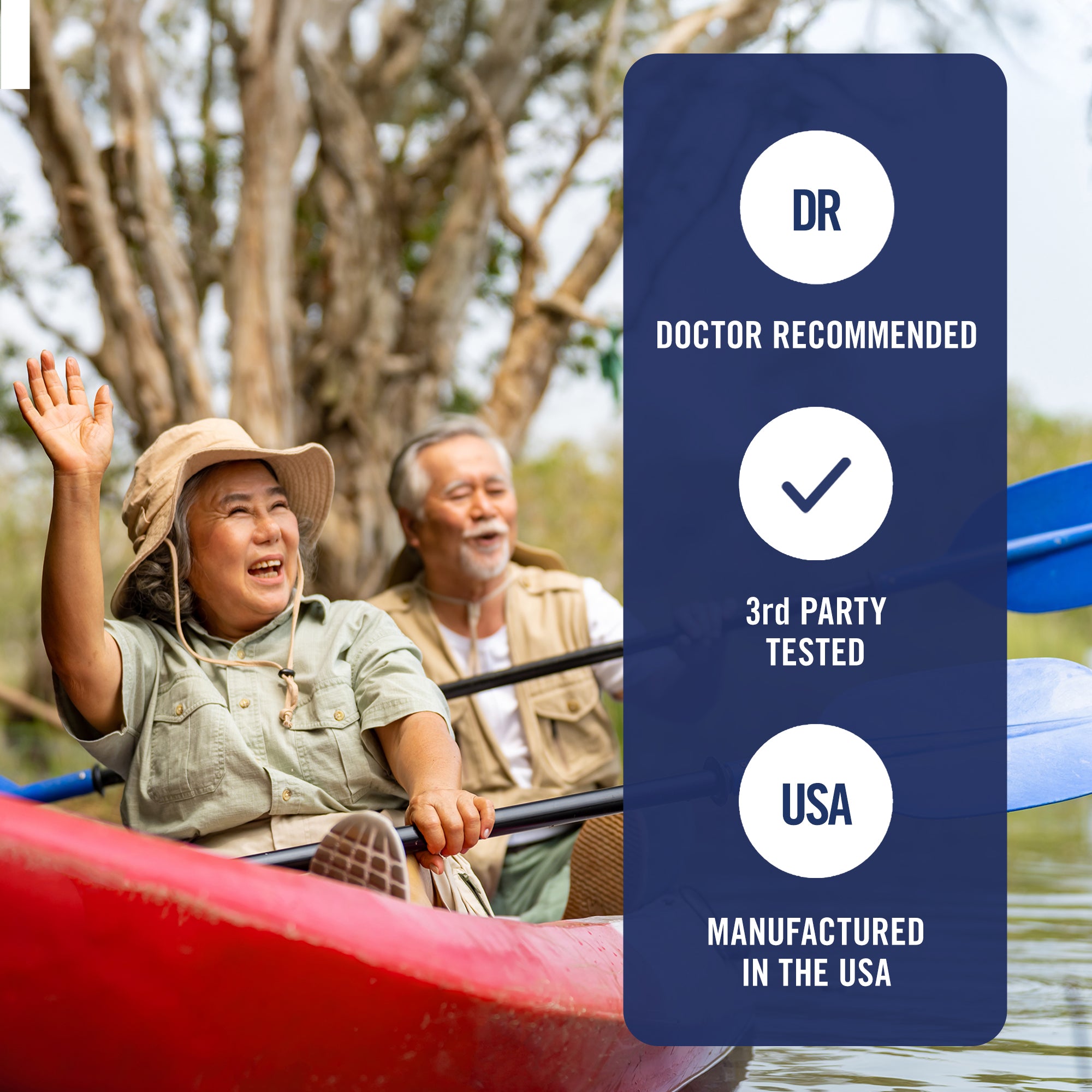 Two people in a kayak with a product card indicating 'Doctor Recommended', '3rd Party Tested', and 'USA Manufactured'.