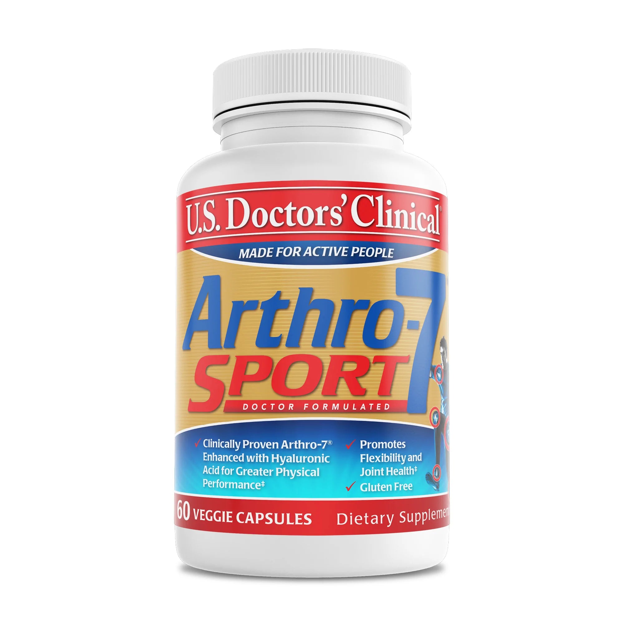 A bottle of Arthro-7 Sport, with the label indicating that they are made for active people, featuring joint support formula with hyaluronic acid, vitamin E, and other nutrients.