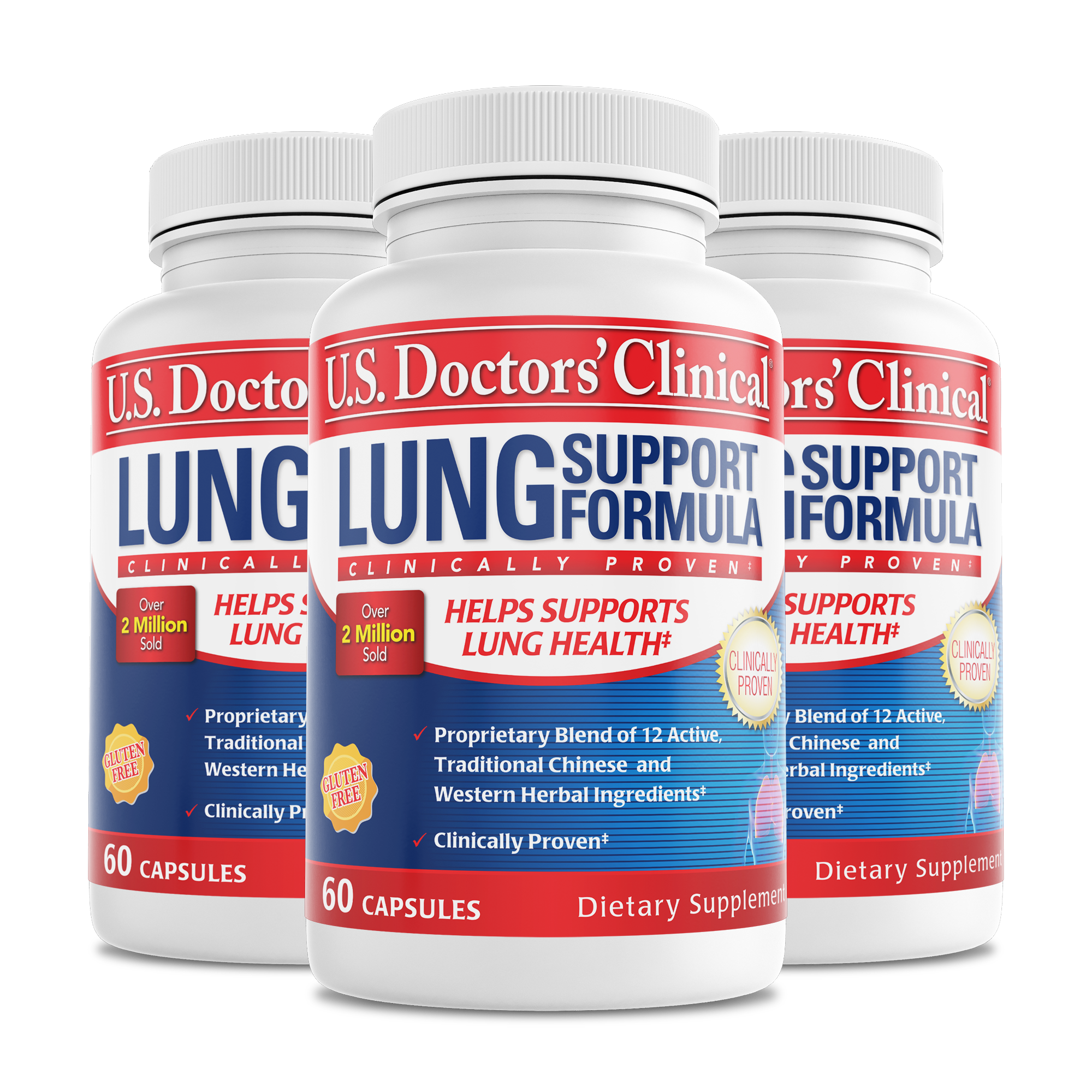 3-pack bundle of U.S. Doctors' Clinical Lung Support with Asian Ginseng bottle