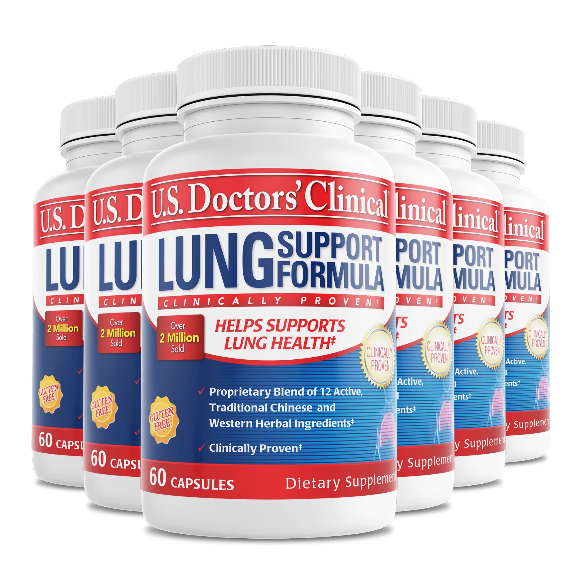 6-pack bundle of U.S. Doctors' Clinical Lung Support with Asian Ginseng bottle